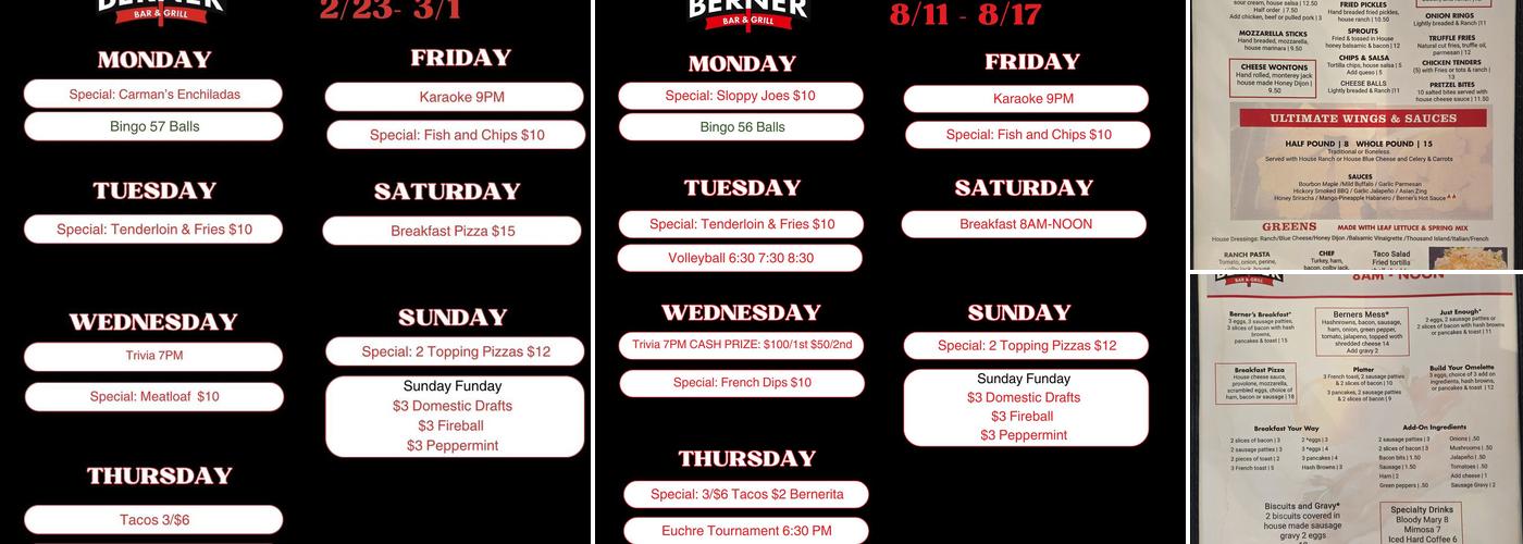 Back Berner Bar & Grill Menu
