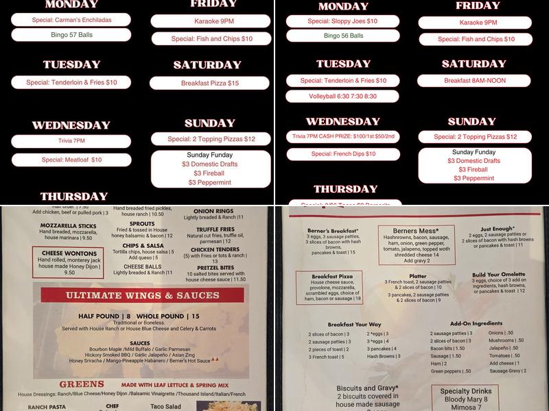 Back Berner Bar & Grill Menu