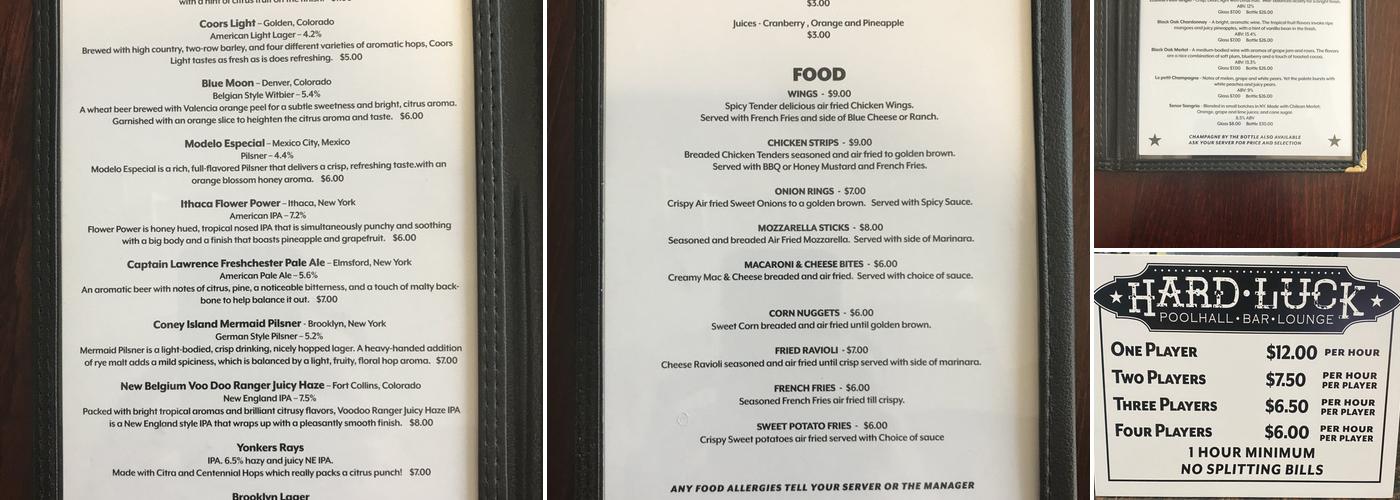 Hard Luck PoolHall Bar & Lounge Menu