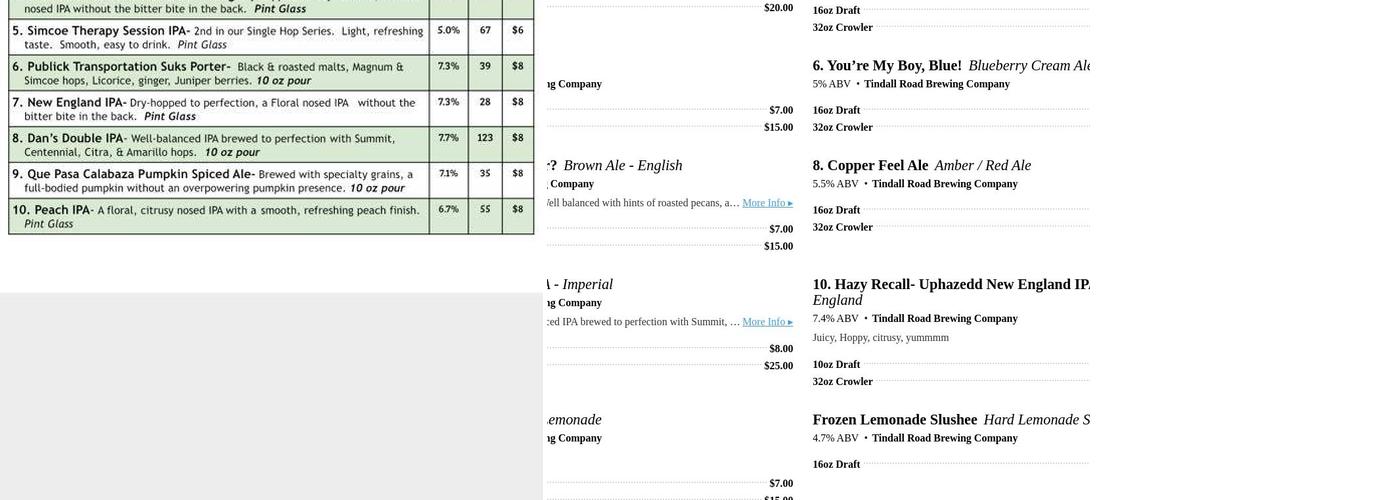 Tindall Road Brewing Co. Menu