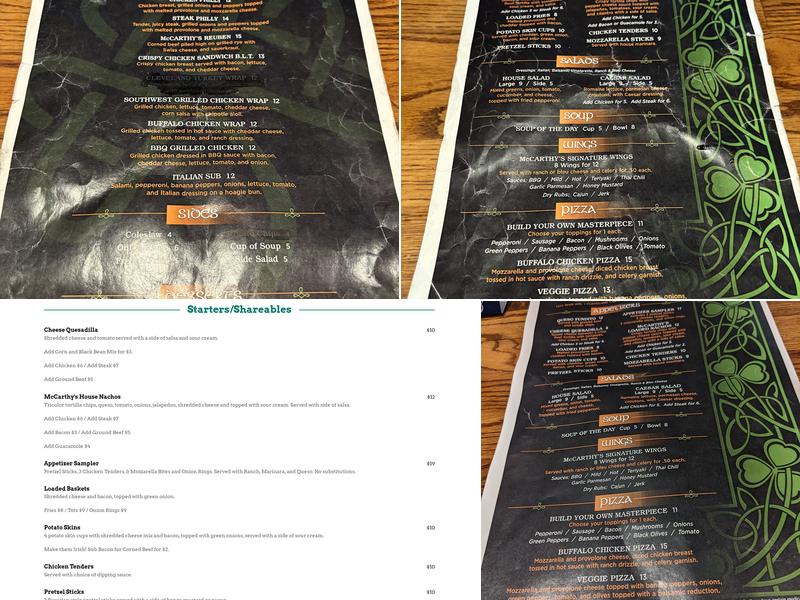 McCarthy's Downtown Menu