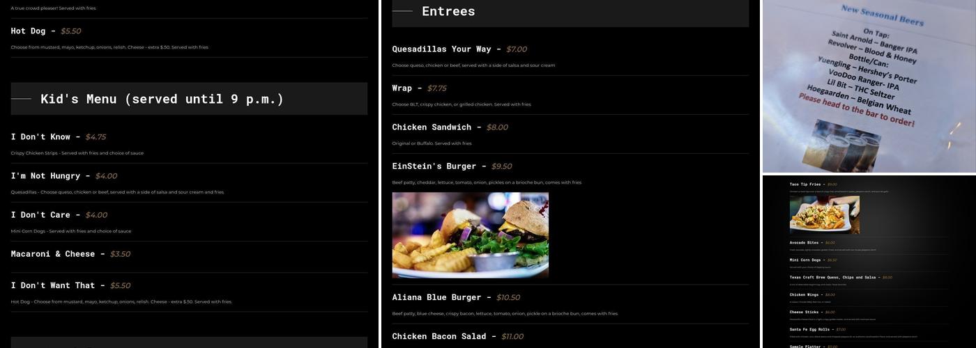 EinStein's Pub & Arcade Menu