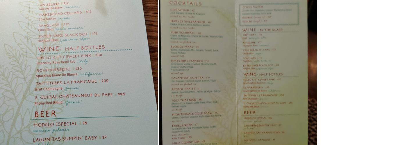 Nightingale Bar Menu