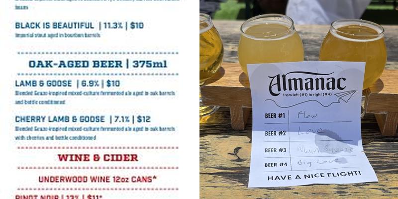 Almanac Beer Co. Menu
