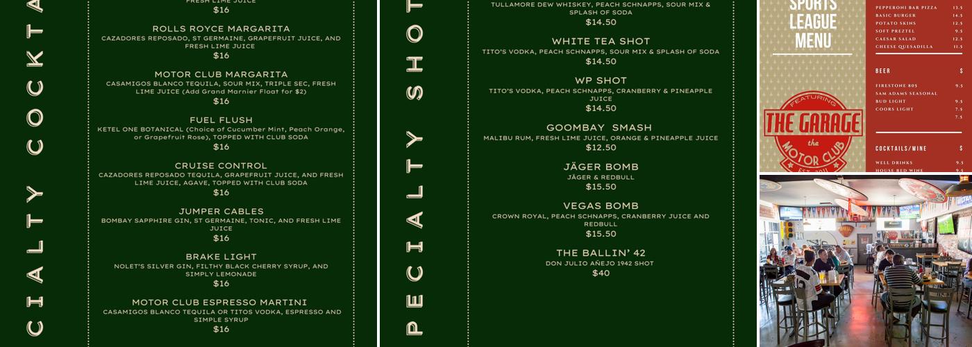 The Garage on Motor Ave Menu