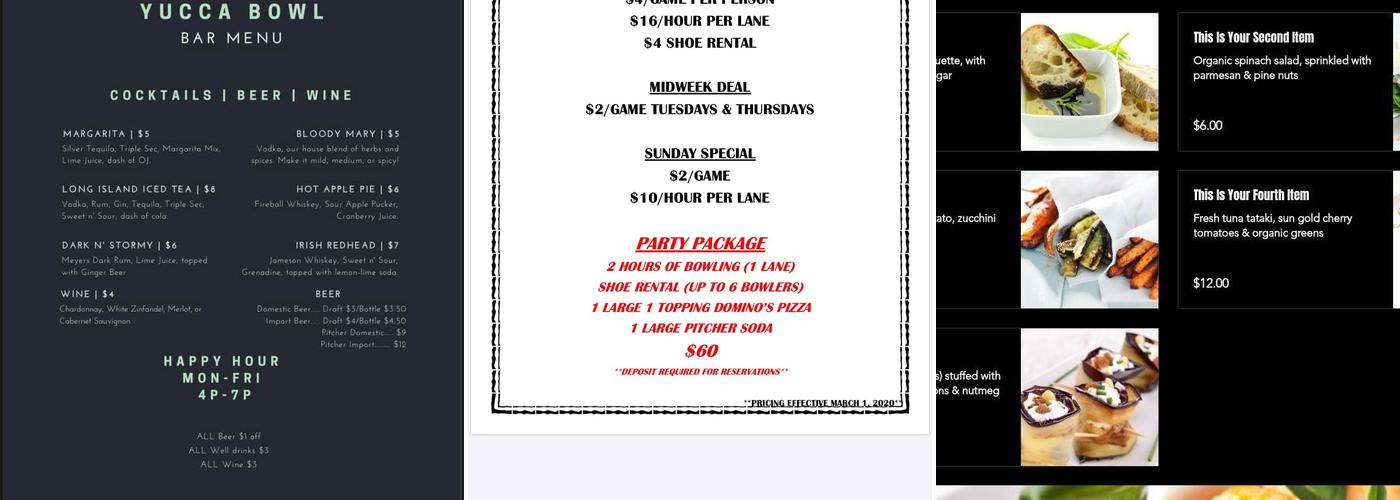 Yucca Bowl Menu