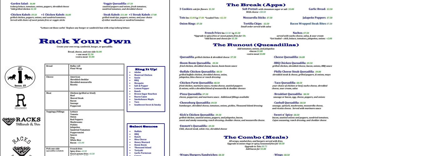 Racks Billiards and Bar Menu
