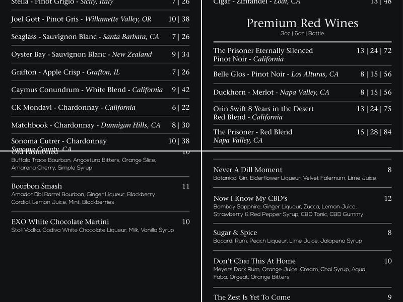 EXO Lounge Menu