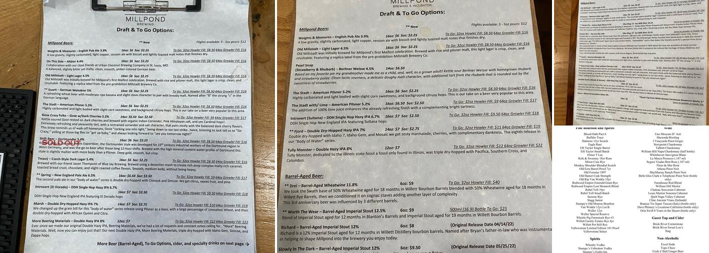 Millpond Brewing Menu
