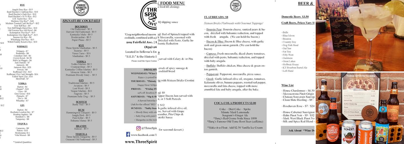 Three Spirits Tavern Menu