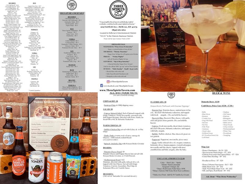 Three Spirits Tavern Menu
