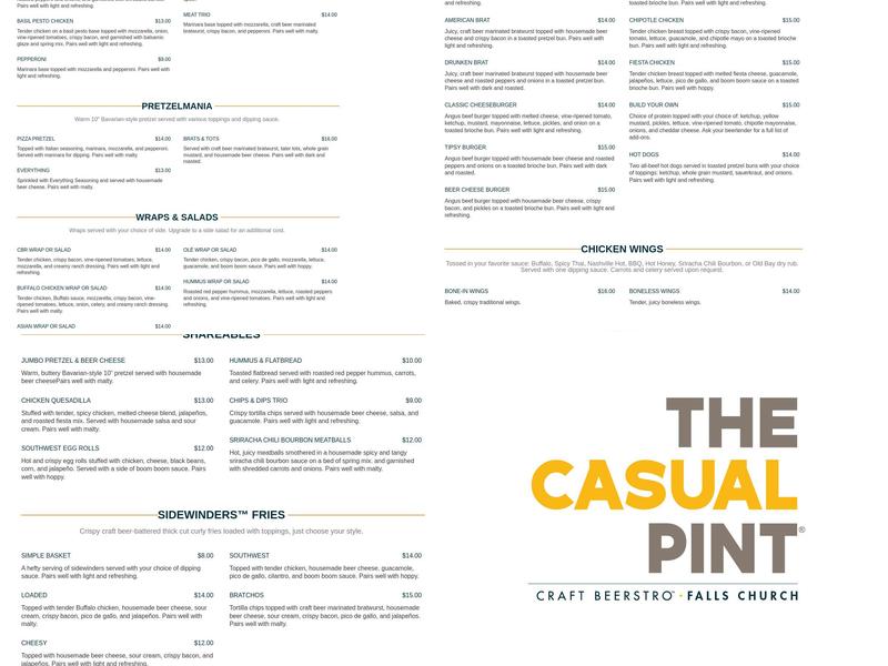 The Casual Pint of Falls Church Menu