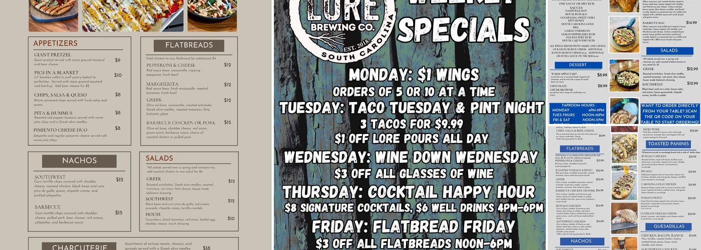 Lore Brewing Company Menu