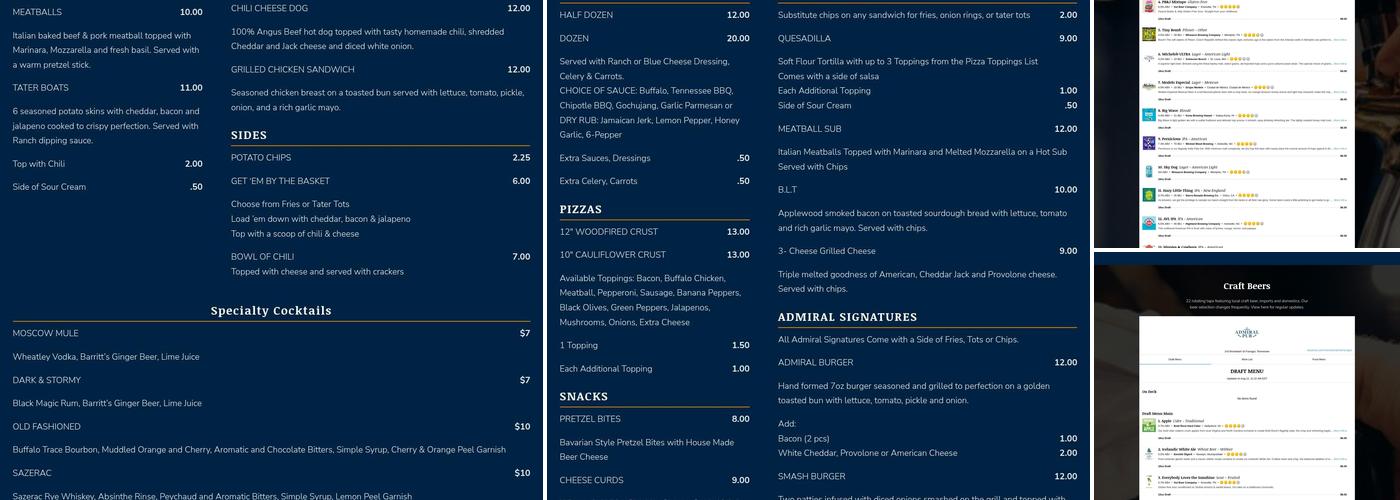 Admiral Pub Menu