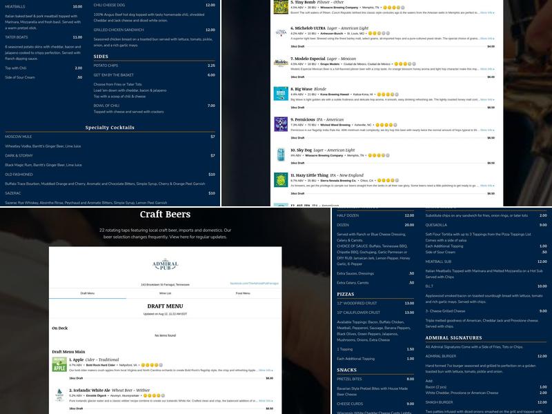 Admiral Pub Menu