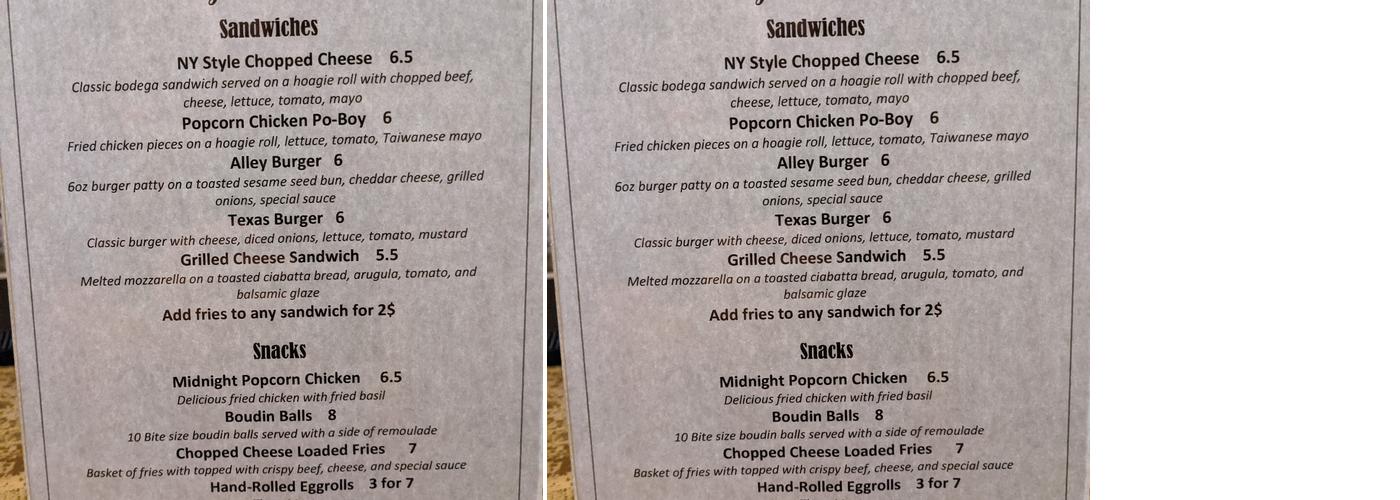 The Kickback Bar Menu