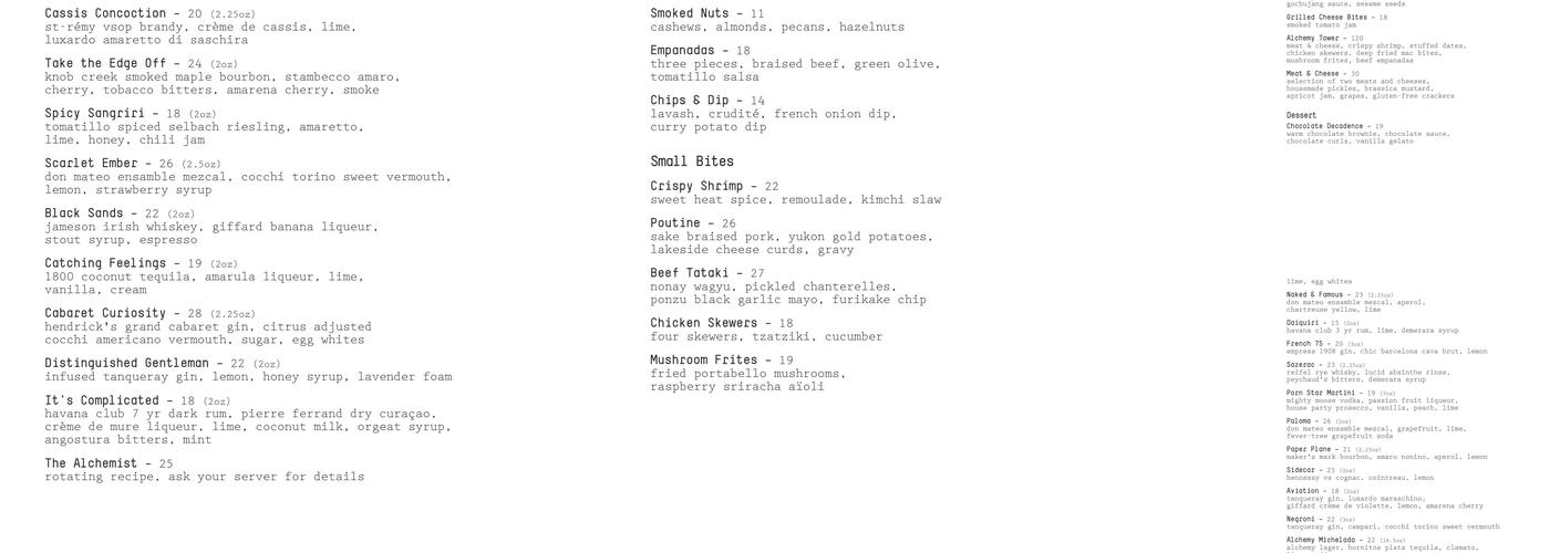 Alchemy Bar Menu
