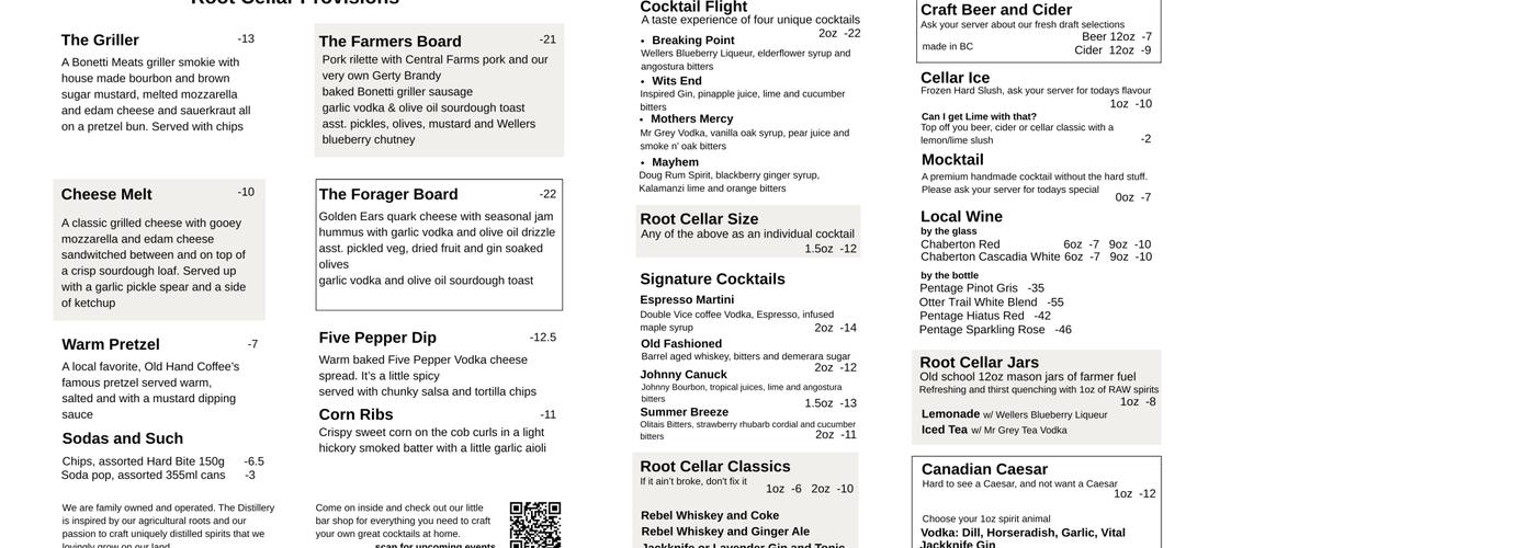 Roots and Wings Distillery Menu