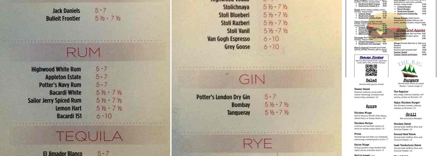 Squarerigger Pub Menu