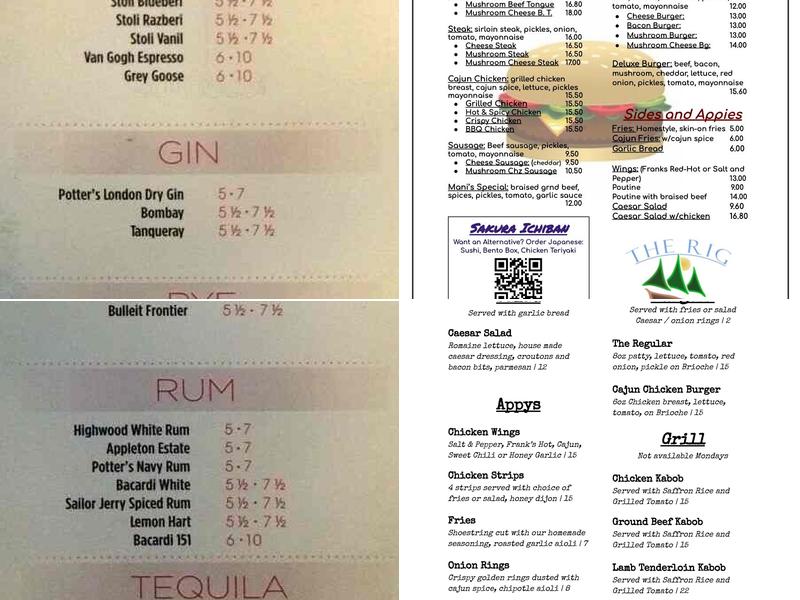 Squarerigger Pub Menu