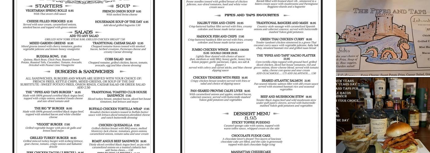 The Pipes and Taps Pub Menu