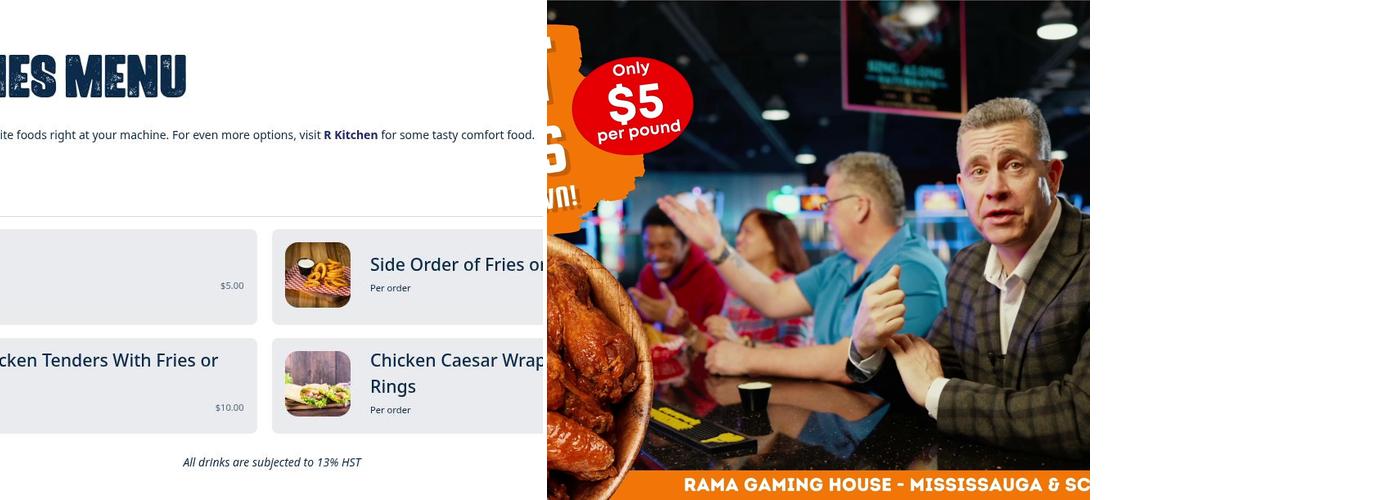 Rama Gaming House - Mississauga Menu
