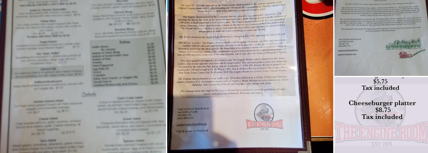 Engine Room Pub Menu