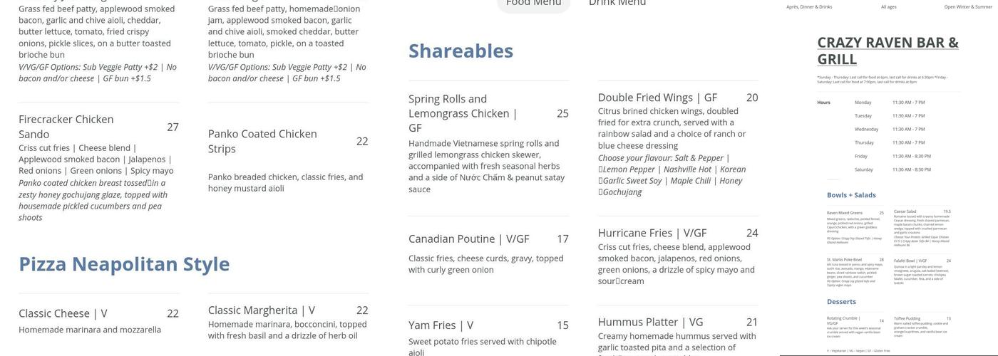 Crazy Raven Bar and Grill Menu