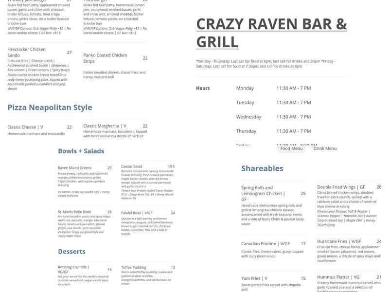Crazy Raven Bar and Grill Menu