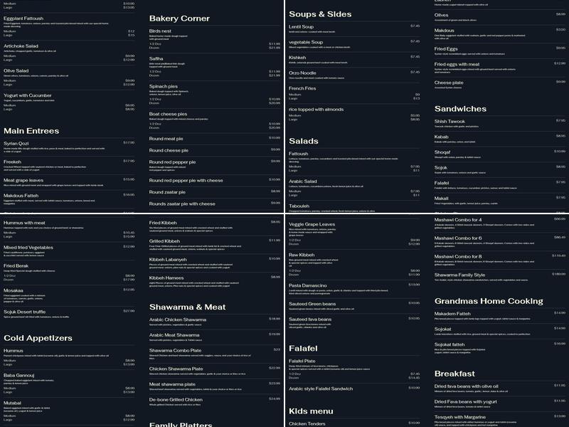 Damas Bakery Menu
