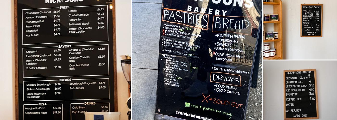 Nick + Sons Bakery Menu