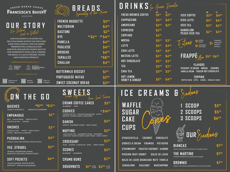Francesca's Bakery Menu
