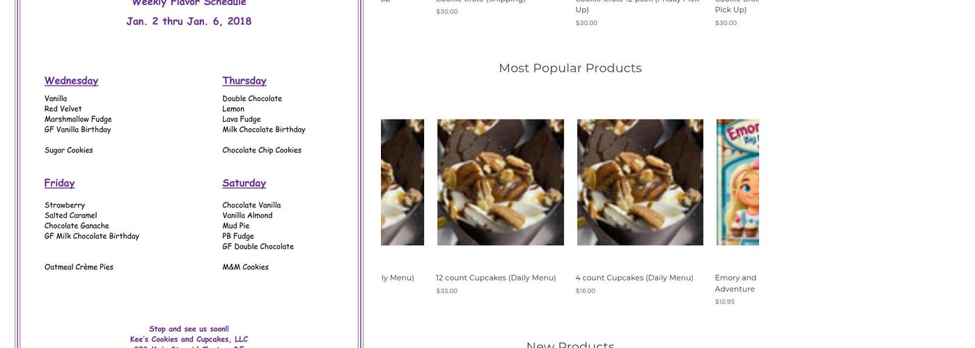 Kee's Cookies & Cupcakes Menu