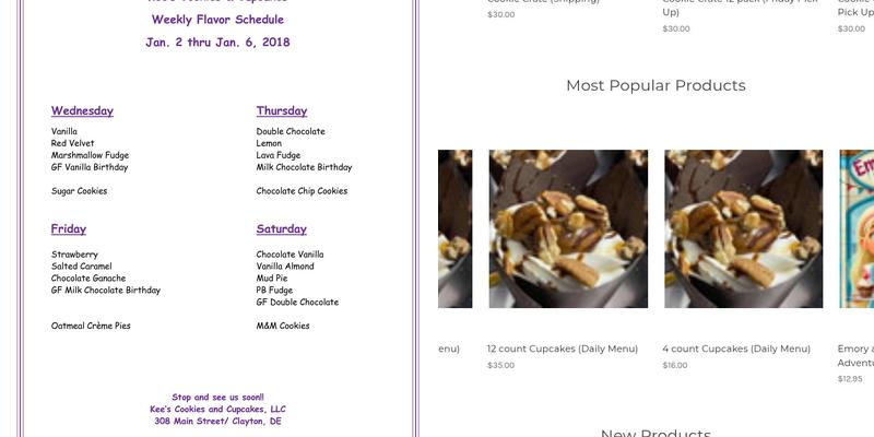 Kee's Cookies & Cupcakes Menu