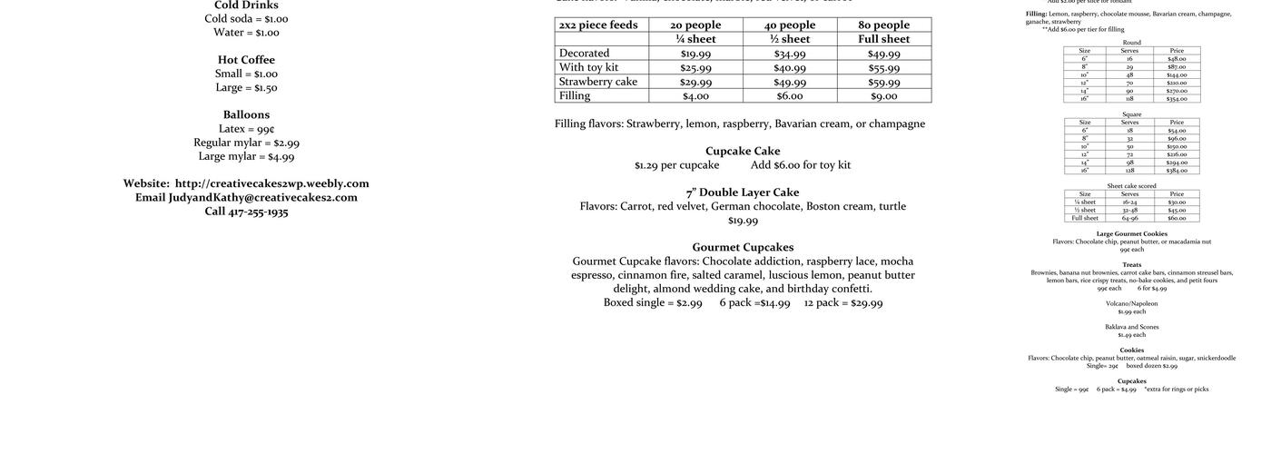 Creative Cakes 2 Menu