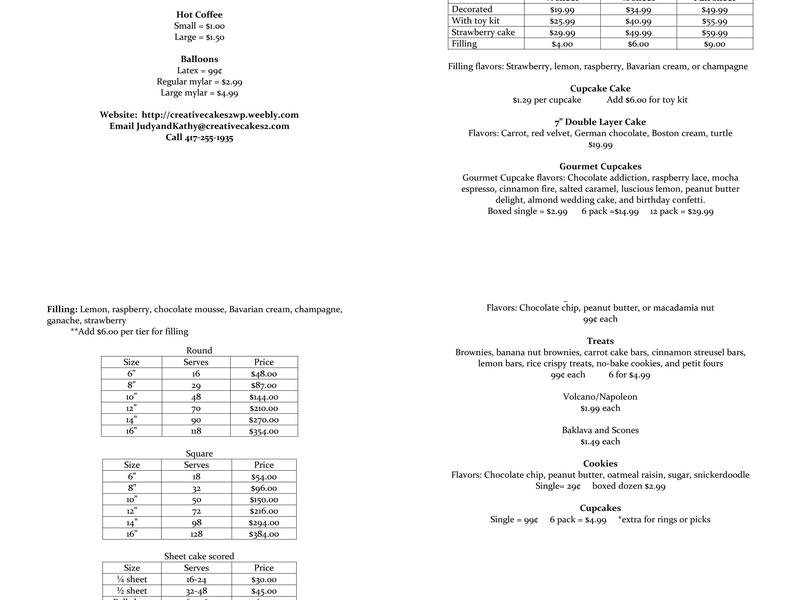 Creative Cakes 2 Menu