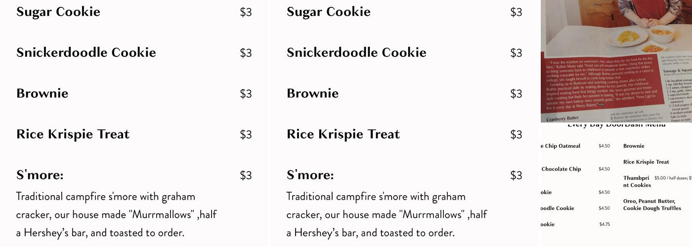 Murry Bakery Menu