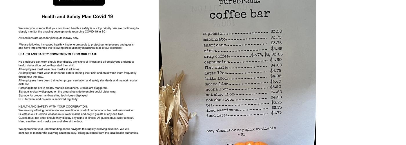 Purebread Bakery + Coffee Menu