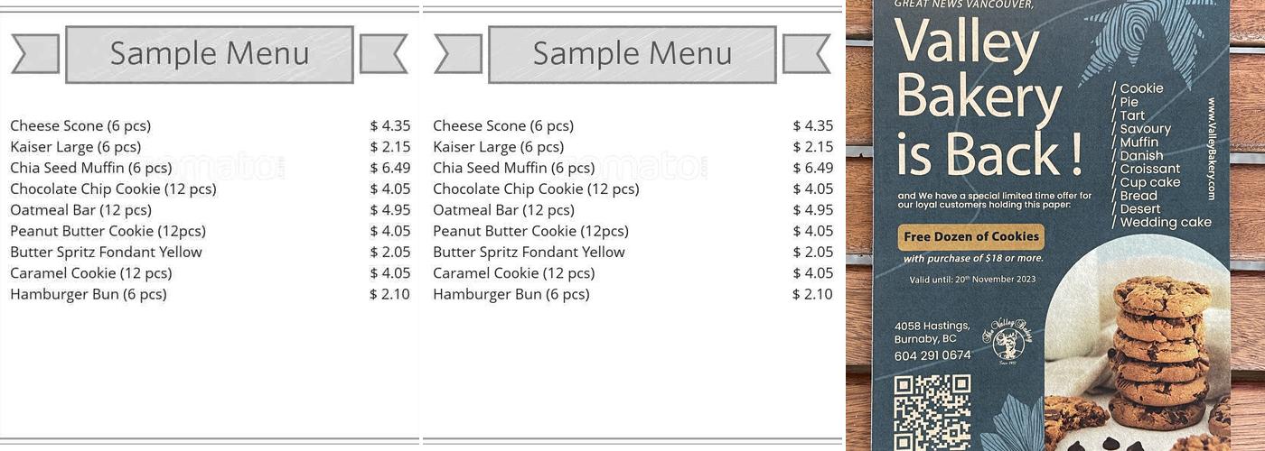 The Valley Bakery Menu