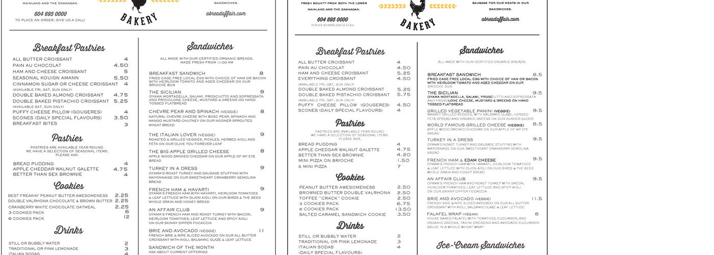 A Bread Affair Menu