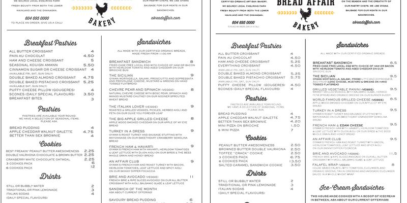 A Bread Affair Menu