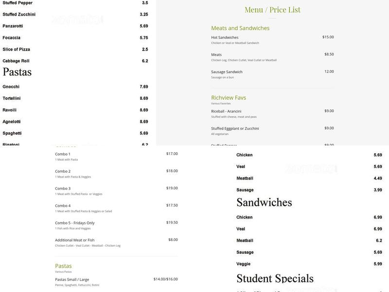 Richview Bakery Menu