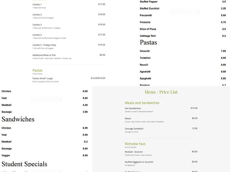 Richview Bakery Menu