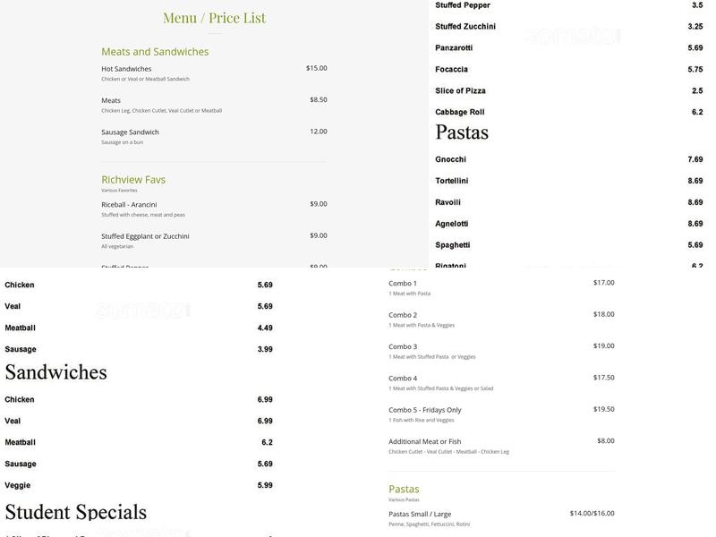 Richview Bakery Menu