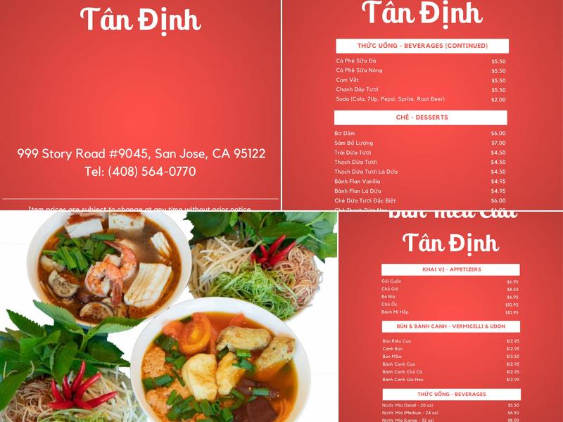 Bún Riêu Cua Tân Định Menu