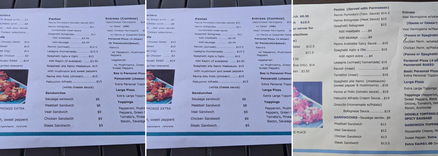 Remo's Place Ltd Menu