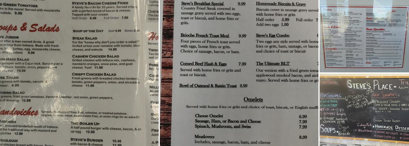 Steve's Place Menu