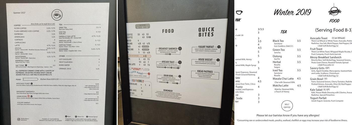 Bolt Coffee Menu