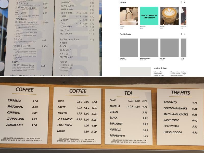 Tailored Coffee Roasters Menu