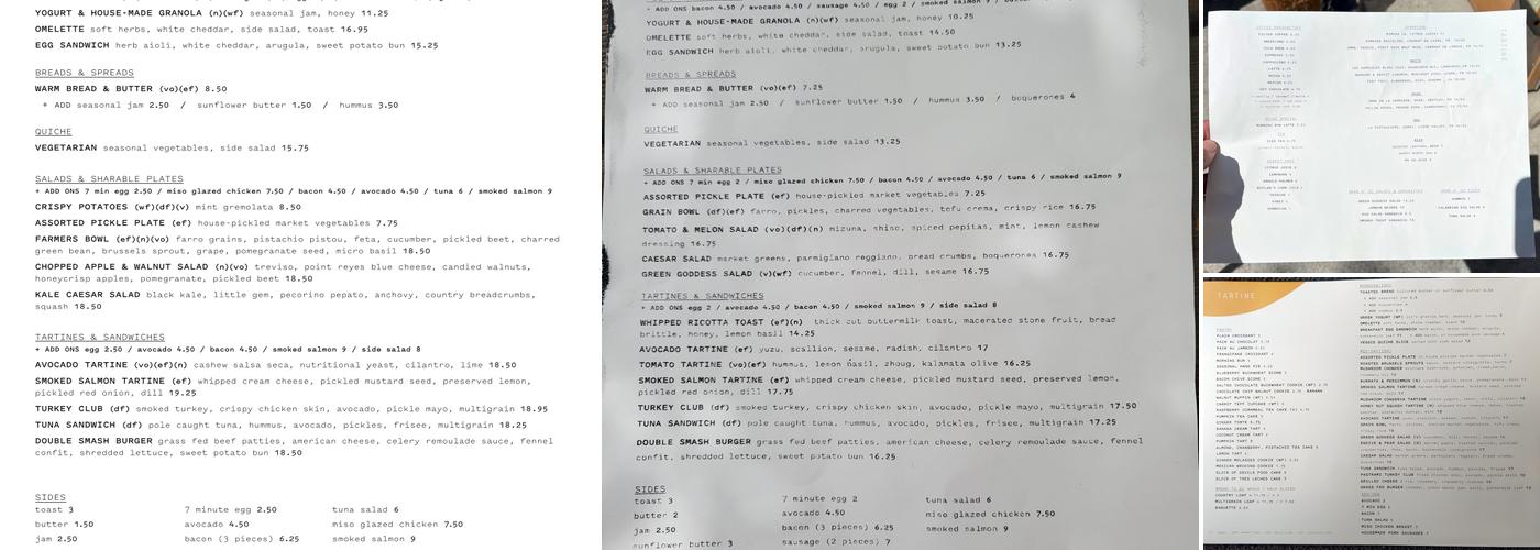 Tartine Menu